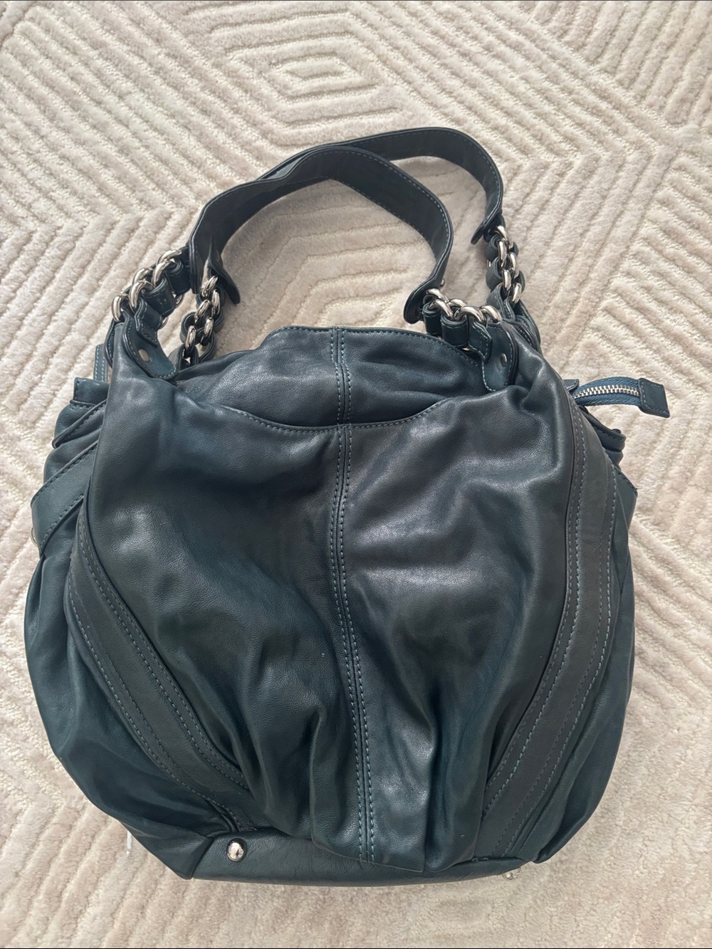 b. makowsky Teal Green Leather Hobo Bag with Chain Handles